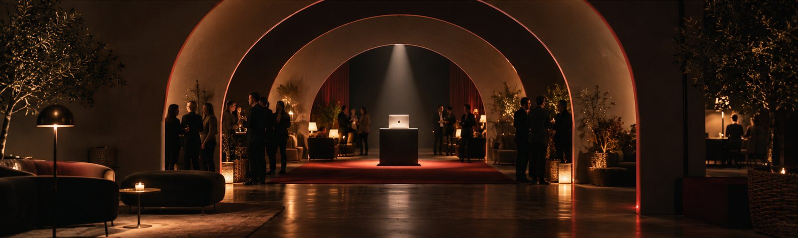 A candlelit space with nested arches leading to a lit podium with a laptop at the centre, guests talking in small groups on either side