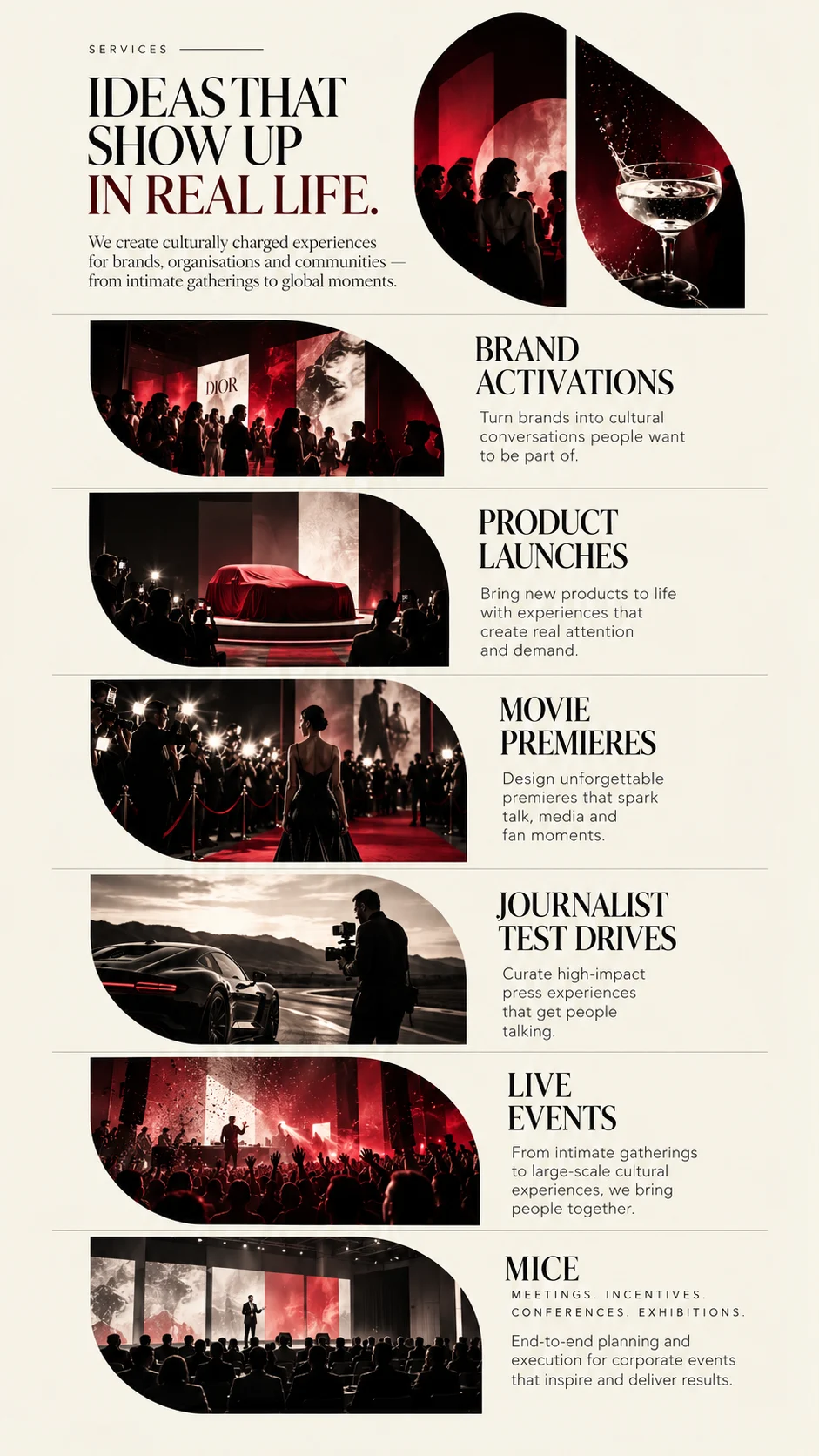 Ideas that show up in real life. Brand activations, product launches, movie premieres, journalist test drives, live events, and MICE.