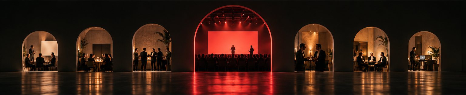 A row of arched rooms, each holding a small gathering such as a workshop, a dinner and a conversation, with a larger red-lit flagship stage in the centre arch