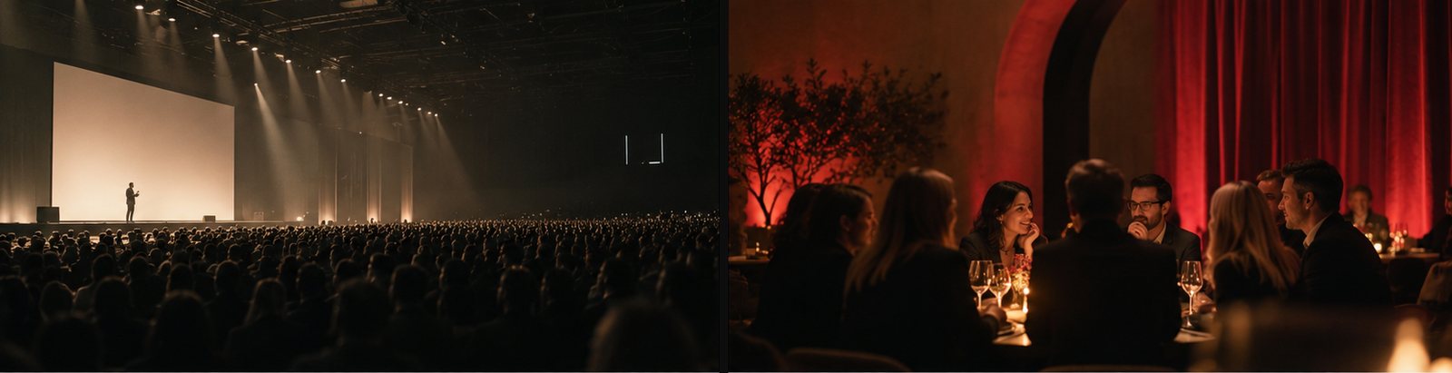 A mega-conference with thousands of people facing one lit stage, next to a close, candlelit dinner table where guests are talking to each other